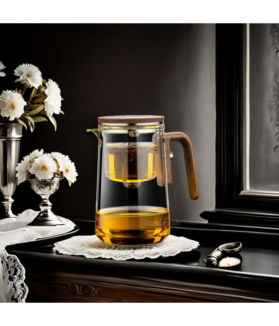 Théière Solo en verre avec chambre d’infusion et poignée en bois