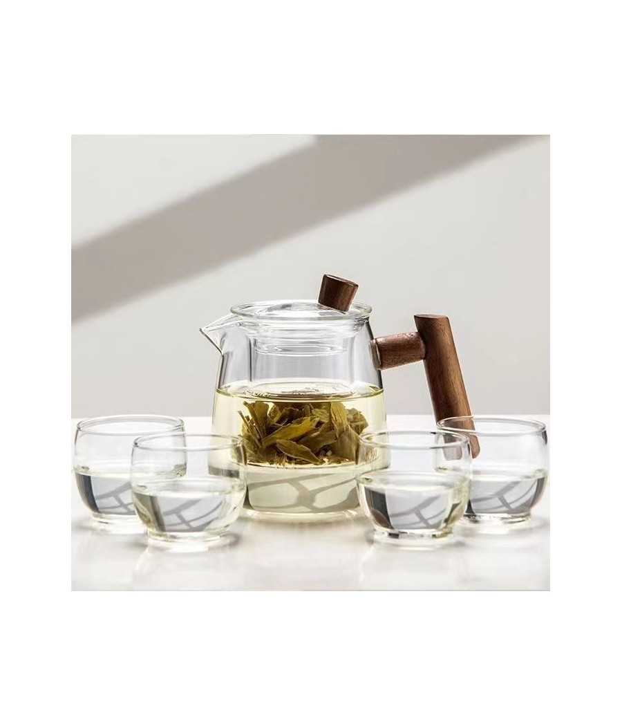 Théière Zen en verre avec poignée en bois et quatre petites tasses